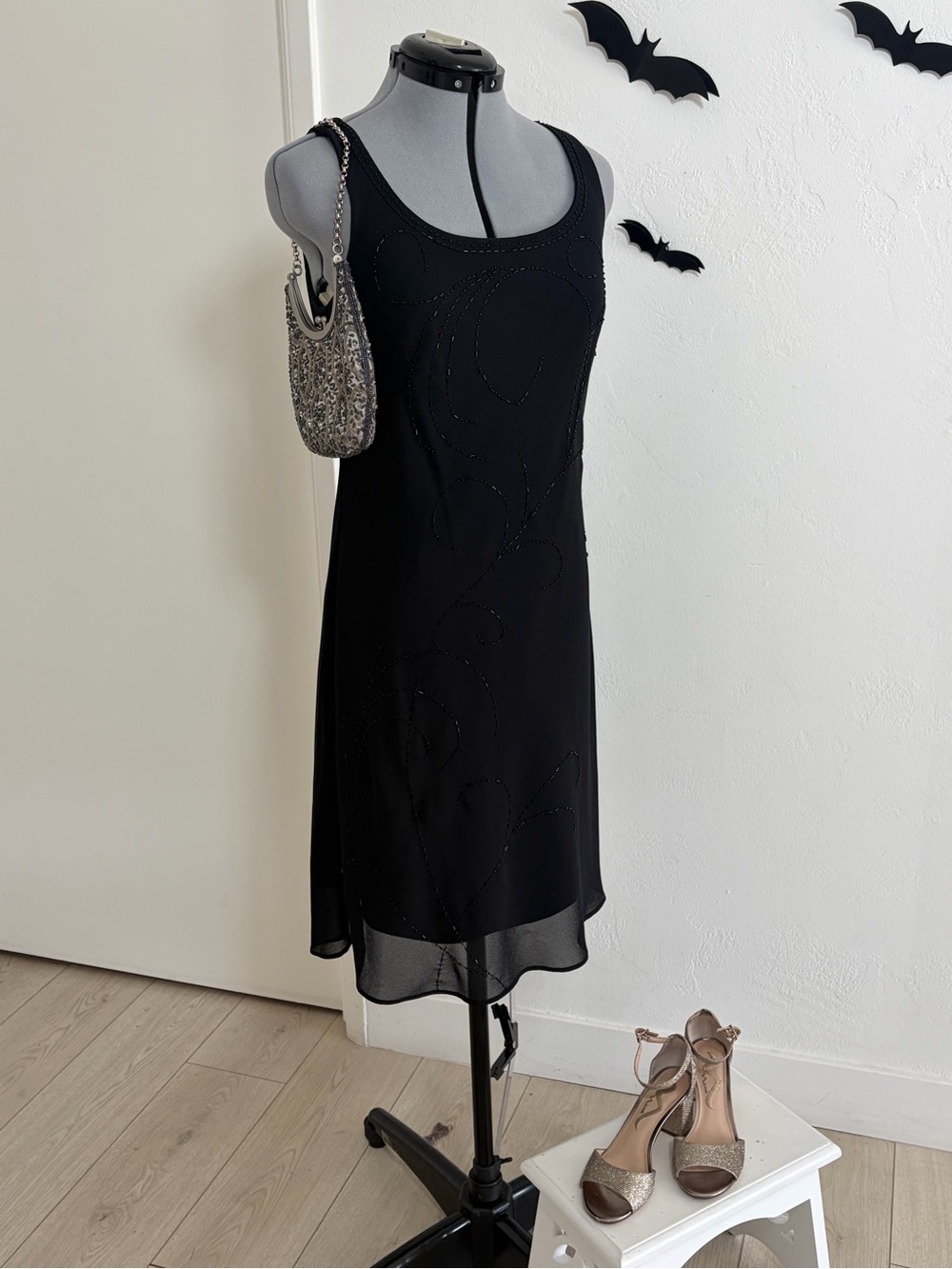 Vintage Robbie Bee Black Beaded Floral Midi Dress